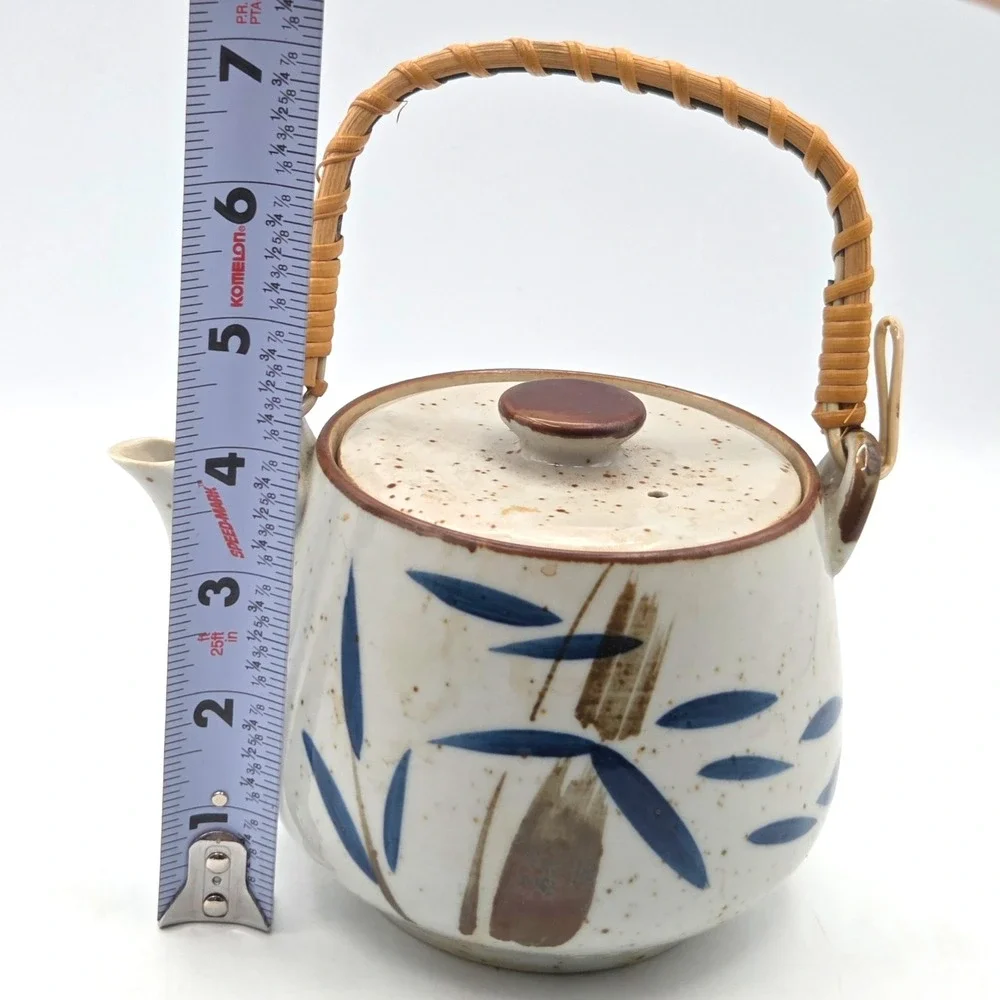 Enesco Japan Ceramic Teapot with 4 Cups Bamboo Design and Bamboo Handle  Vintage